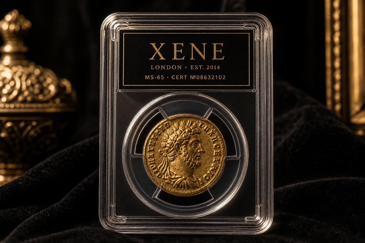 A Roman gold aureus encapsulated in a Xene MS-65 grading slab