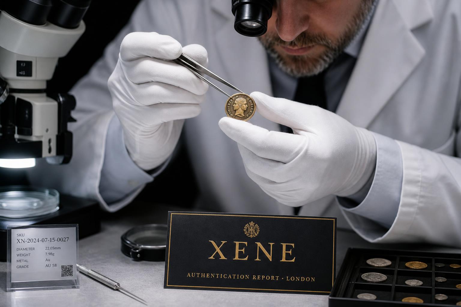 A Xene specialist examining a coin under controlled lighting
